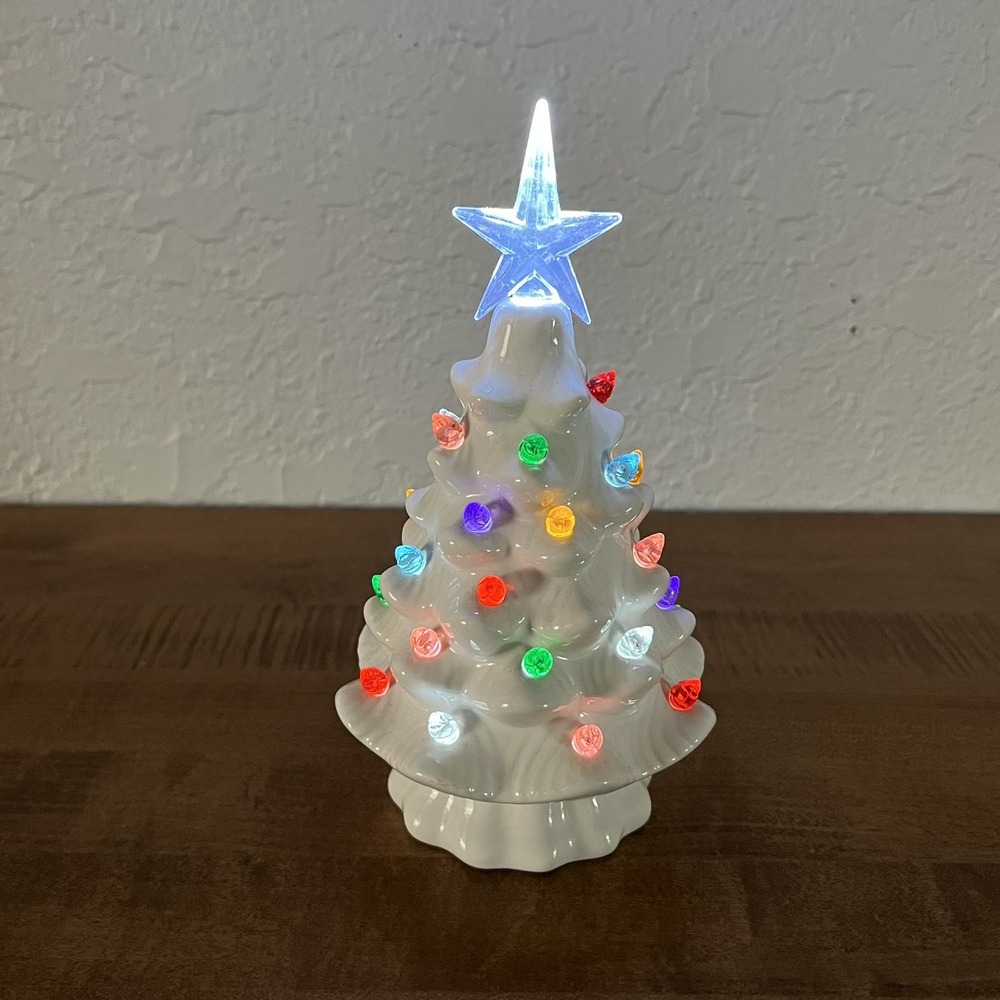 White Ceramic Light Up Christmas Tree Tabletop Figurine 8 Inches Tall